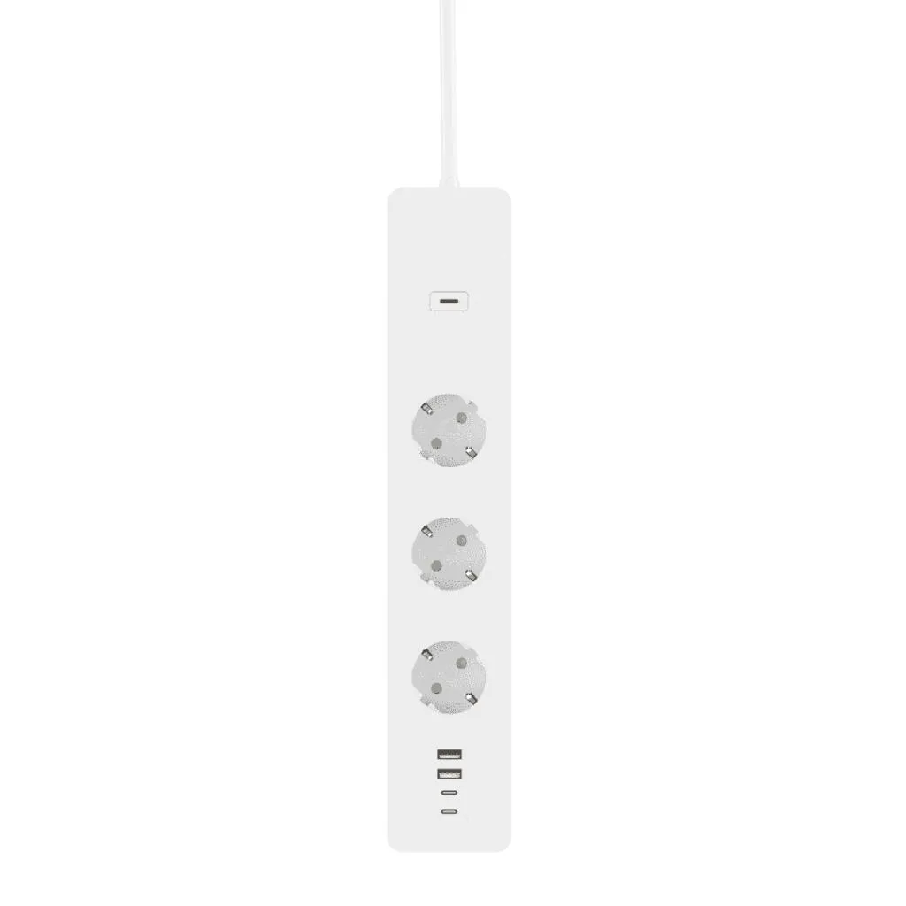 Woox Smart Multi Plug med röststyrning, energiövervakning och flera USB-laddningsportar, perfekt för hantering av hushållsapparater.