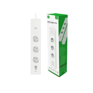 WOOX smart grenuttak med 3 stikkontakter og USB-A-/USB-C-porter, vist med butikkemballasje på hvit bakgrunn.