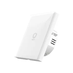 WOOX Zigbee smart vægkontakt i hvid med TÆND/SLUK-ikon, designet til appstyret belysning