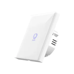 WOOX Zigbee smart lyskontakt til væg i hvid med touchpanel, blåt strømikon og ON/OFF-markering