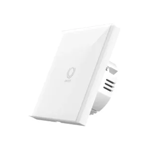 WOOX Zigbee smart-vægafbryder i hvid med TÆND/SLUK-knap, vist fra en vinkel på hvid baggrund