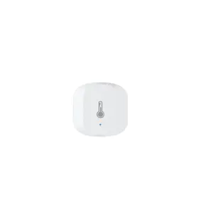 WOOX smarthustemperatursensor med termometerikon, hvit avrundet design og blå indikatorlampe