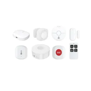 WOOX Security Kit Pro-komponenter til hjemmealarm, inkludert sensorer, sirene, SOS-knapp og fjernkontroll