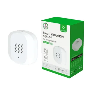 WOOX smart vibrasjonssensor i hvitt med butikkemballasje, med emballasje for Zigbee-smarthusovervåking.