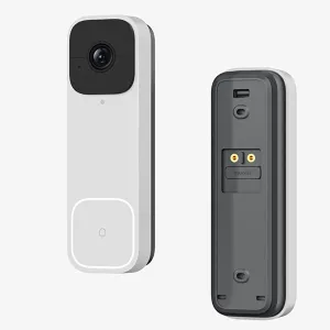 WOOX viedais video durvju zvans baltā krāsā, parādīts no priekšpuses un aizmugures, ar kameru, pogu un microSD kartes slotu