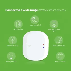 Passerelle sans fil Zigbee WOOX en blanc, présentée sur une infographie de compatibilité avec les appareils de maison connectée