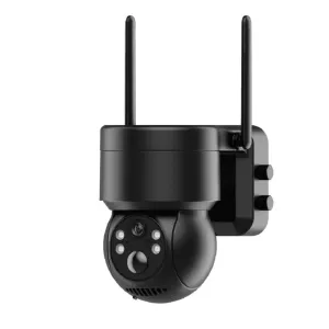 Caméra de sécurité extérieure sans fil WOOX noire avec deux antennes, objectif et éclairages de vision nocturne