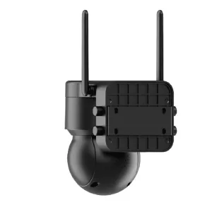 Caméra de sécurité extérieure sans fil intelligente WOOX noire avec deux antennes et plaque de fixation arrière sur fond blanc