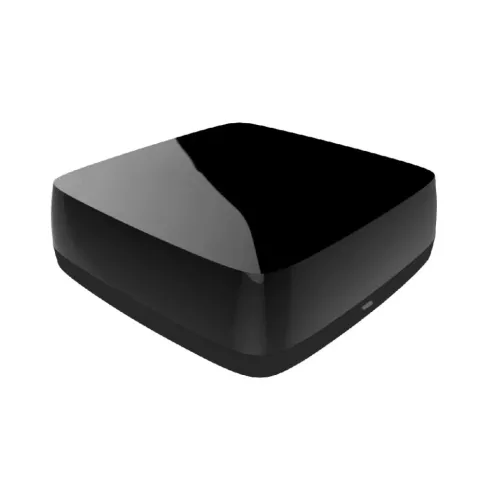 WOOX viedā universālā IR tālvadības pults, glancēts melns kvadrāts ar noapaļotiem stūriem un divu toņu pamatni, priekšpusē uzstādīts neliels indikators.