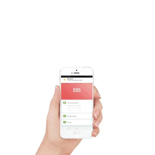 WOOX Smart SOS-larmapp på en smartphone som visar SOS-larmskärmen och aviseringsinställningarna