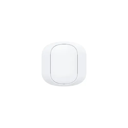 WOOX miniafbryder i hvid, afrundet rektangel med centreret knap og smal ramme, set forfra mod hvid baggrund, uden porte