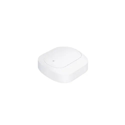 WOOX wireless compact mini switch with rounded corners, low profile and large top button with small indicator dot, on white background.