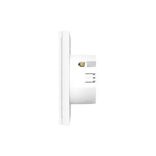 Interrupteur mural d’éclairage intelligent Zigbee WOOX en blanc, présenté de profil sur un fond blanc uni