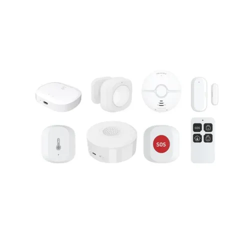 WOOX Security Kit Pro med åtta enheter: hubb med USB-port, rökdetektor, dörrkontakt, siren, SOS-knapp och fjärrkontroll.