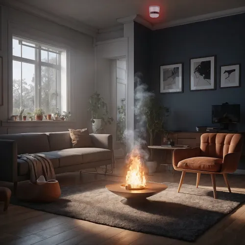 Woox dūmu detektors baltā krāsā, apaļā griestu korpusā ar ventilācijas atverēm un sarkanu LED, aktivizējas pēc dūmiem dzīvojamās telpās.