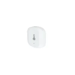 WOOX Zigbee Smart Sensor R7048 viser temperatur- og luftfuktighetsavlesninger for miljøovervåking.