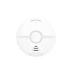 Smart Zigbee smoke detector by WOOX, voice-control compatible, with a sleek white circular design and NEN 14604 certified.