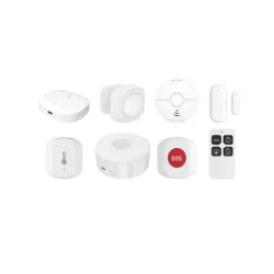 Omfattende WOOX Security Kit Pro med Zigbee-teknologi, smarthustilkobling og fjernovervåkingsfunksjoner.